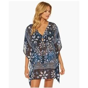 Bleu Rod Beattie Blue Navy White Sheer Floral Print Swim Cover-up Caftan Small